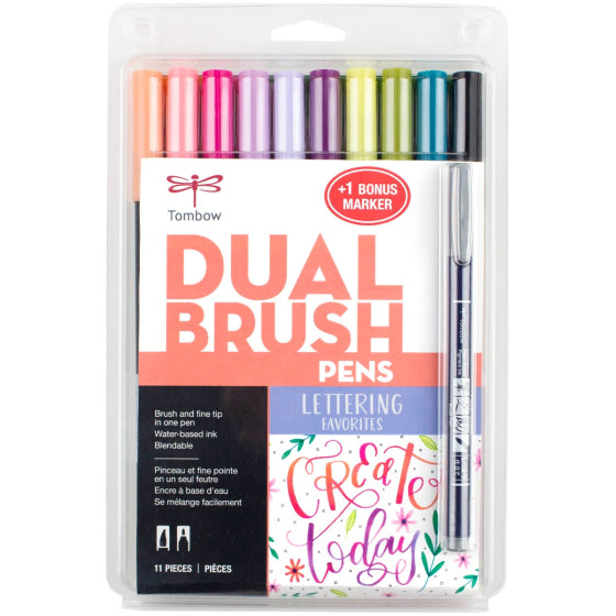 Tombow Dual Brush Pen Art Markers, Lettering Favorites, 10-Pack Plus FREE Fudenosuke Pen
