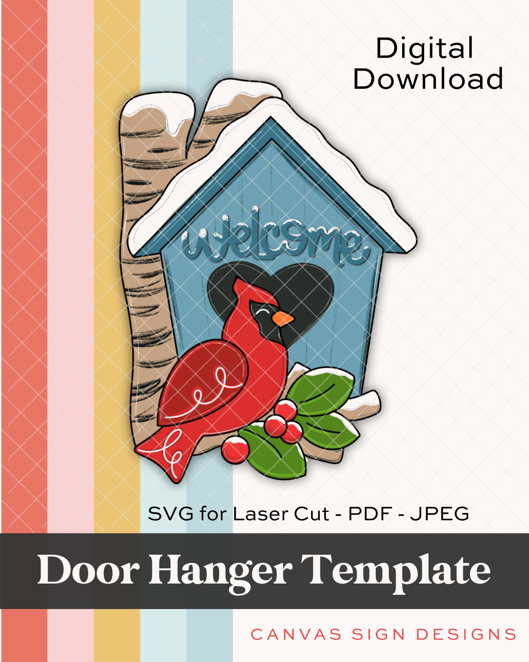 Winter Cardinal Door Hanger SVG & Template
